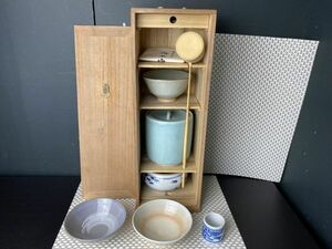 rkw★茶道具セット 短冊箱付き 建水 茶碗 水指 柄杓 蓋置 茶巾 木箱 抹茶茶碗 茶器 煎茶道具 昭和レトロ 現状品★