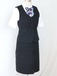 11号 セレクトステージ グレーブラック 事務 中古 OL制服/ 事務服 ◆ ベスト,スカート 上下 セット,中古ブラウス,新品リボンのオマケ付