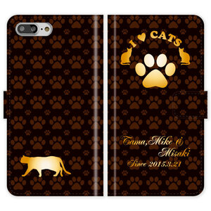 iPhone8 Plus 手帳型 iPhone 8 Plus 猫 肉球 猫柄 I LOVE CATS 名入れ ケース カバー