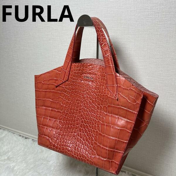 希少品 FURLA フルラ ユッカ ハンドバッグ クロコ 型押し ロゴ