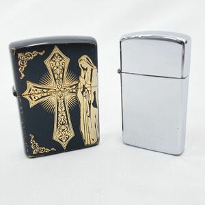 着火OK Zippo ジッポ 2点セット マリア&クロス 十字架/シルバー オイルライター 喫煙具 R店0423〇