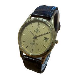 OMEGA オメガ シーマスター ゴールド文字盤 クオーツ デイト メンズ 腕時計 稼働 革ベルト 社外ベルト