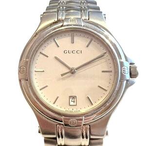 GUCCI グッチ 9040M デイト シルバー文字盤 QZ SS メンズ時計 クオーツ ラウンド 稼働品