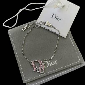 美品 Dior ディオール ロゴブレスレット ピンクラインストーン装飾 シルバーカラー
