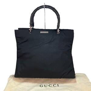  Gucci GUCCI bamboo nylon canvas tote bag lady's black handbag 