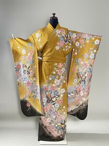 IROHA* summer . long-sleeved kimono *[ta1208] coming-of-age ceremony graduation ceremony * silk [ used ][ mustard ]