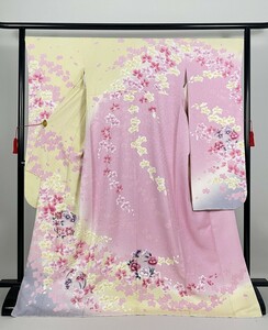 IROHA* long-sleeved kimono *[ta0845] coming-of-age ceremony graduation ceremony * silk [ used ] silver through .[ cream yellow ]