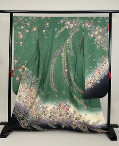 IROHA* long-sleeved kimono *[ta0209] coming-of-age ceremony graduation ceremony * silk [ green ] down wistaria [ used ]