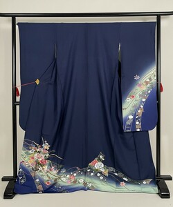 IROHA◆振袖◇【ta0338】成人式 卒業式◆正絹【紺　刺繍】花車【中古】