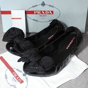 4-SE025 プラダ PRADA ビッグリボン パテント バレエシューズ ブラック 37.5 箱付 レディース