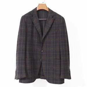 4-SE007【美品】イザイア ISAIA イタリア製 ウール シルク ジャケット ラペルピン付 ブラウン ペーンチェック 52 メンズ