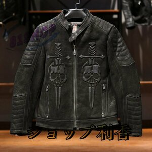 レザージャケット カウハイド スカル柄 ライダース 牛革 革ジャン バイクレザー メンズファッション 本革 ヴィンテージ