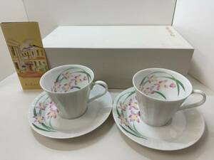 26233■香蘭社 ペア コーヒー カップ&ソーサー 蘭のなごみ（白ｘ花）/未使用 紙箱 長期保管/KORANSHA