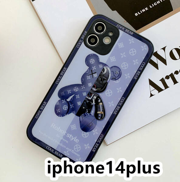 iphone14plusケース カーバー TPU 可愛い　熊　ガラス　お洒落　軽量 ケース 耐衝撃高品質ブルー311