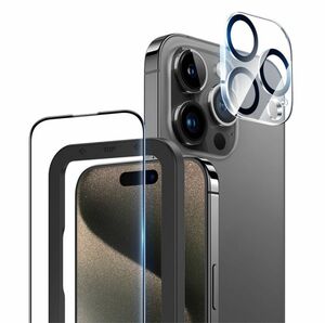 NIMASO ニマソ iPhone15 Pro ガラスフィルム カメラレンズカバー 全面保護 硬度9H 耐衝撃 自動吸着