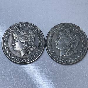 WX1464アメリカ記念メダル2枚セット モルガン 1877年 鷹紋 入手困難 在庫限り 外国硬貨 貿易銀 海外古銭 コレクションコイン貨幣 重さ約13g