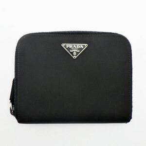 C24-757 PRADA プラダ M605 二つ折り財布 コンパクトウォレット ラウンドジップ テスートナイロン×レザー ブラック 黒 中古 ギャラ付き