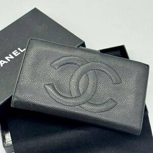 良品 シャネル CHANEL キャビアスキン ココマーク がま口長財布 ブラック