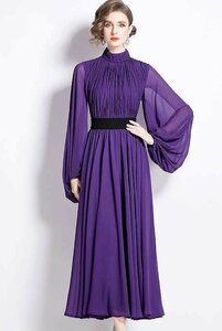 長袖ワンピース フリルワンピ ロングワンピ きれいめ ドレス 披露宴 【大きいサイズあり】 2XL パープル