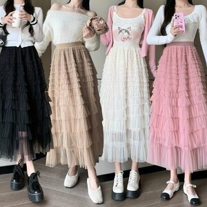 ロングスカート　チュールスカート　レディース　INS　韓国ファッション　デザイン　春夏 S カーキ
