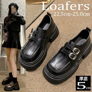  lady's Loafer pumps square tu strap thickness bottom black dark brown beautiful legs legs length 22.5cm(35) black 