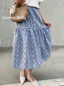 ロングスカート　花柄　刺繍　レディース　INS　韓国ファッション　春夏　3colors フリー ライトブルー