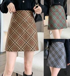  miniskirt tight skirt check skirt simple casual bottoms autumn winter L Brown 