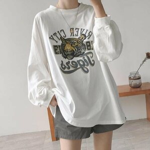 長袖トップス 秋冬 長袖Tシャツ タイガー ゆったり 大きいサイズあり L ホワイト