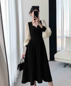 長袖ワンピ ドレス ひざ丈 大きいサイズあり レディース M ブラック