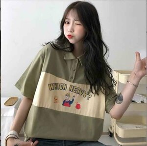 韓国風 レディース 半袖Tシャツ 新しい夏 気質 ファッションTシャツ 学生ポロシャツ L ブルー