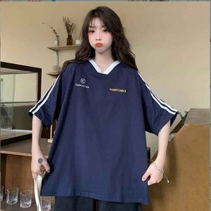 韓国風 レディース 半袖Tシャツ 夏新しい 気質 ファッションTシャツ Tシャツ XL ネイビー