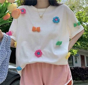 半袖Tシャツ 大きいサイズ 花 リボン ロング丈Tシャツ ゆったり感 かわいい 韓国ファッション 3XL ホワイト