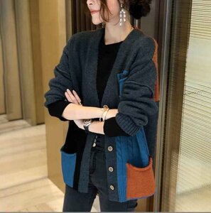 韓国風ニットコート カーディガンセーター S ブルー