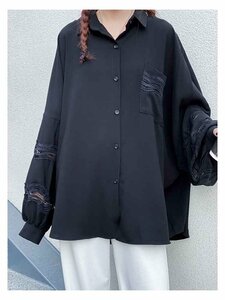 シフォンブラウス シャツ ランタンスリーブ エレガント スリム 縫い付け生地 フリー ブラック