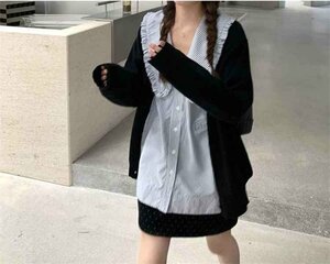 トップス チェック柄 シャツ Ｖネック 学生服風 XL ワンカラー