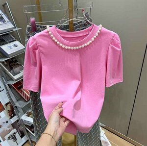 Tシャツ トップス スリム 大人気 半袖 パフスリーブ M ピンク