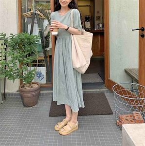 チェック柄 半袖 ワンピース レトロ ロング丈