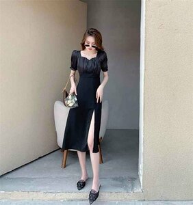 スクエアネック シフォン 縫付 半袖 ワンピース ロングスカート エレガント XL ブラック