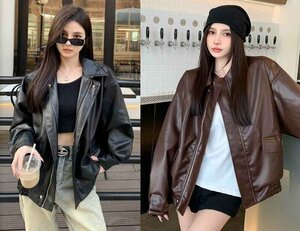  jacket blouson long sleeve jumper PU leather leather jacket lady's casual simple XL Brown 