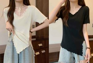  all 2 color short sleeves tops asimeto Lee slit frill slim put on .. plain [ large size equipped ] L black 