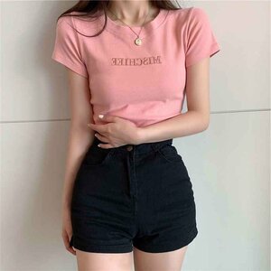 Tシャツ トップス 刺繍 デザイン レディースファッション INS XL ピンク