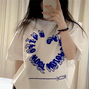 トップス Tシャツ ゆるい ハート 韓国ファッション 半袖 コットン XL ホワイト