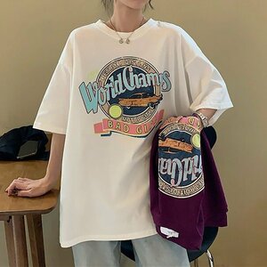 トップス Tシャツ ゆるい 韓国ファッション ビンテージ 半袖 XL ブルー