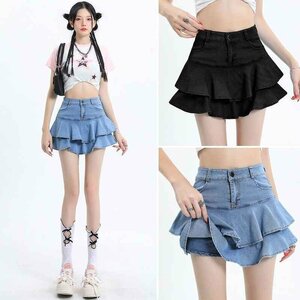  all 2 color Denim skirt high waist frill miniskirt Denim sweet series S black 
