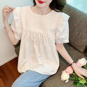  short sleeves tops frill switch body type cover put on .. plain [ large size equipped ] sweet series L white 