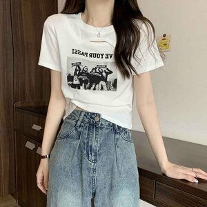 Tシャツ トップス デザイン レディースファッション INS 短め L ブラック