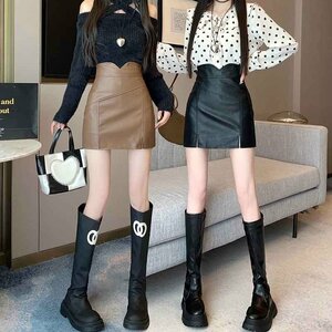  miniskirt tight skirt simple PU leather lovely casual S black 