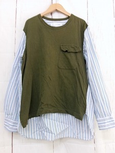 COMME des GARCONS SHIRT コムデギャルソン シャツ ストライプ切替カットソー カーキ ブルー 綿100% M S11044