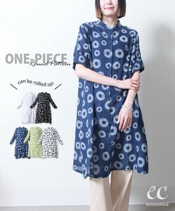 FW０４８１５＊新作＊丸柄＊デザイン＊シャツ＊ワンピース＊前開き＊長袖＊ネイビー＊サイズM～L 　ゆったり　リラックス