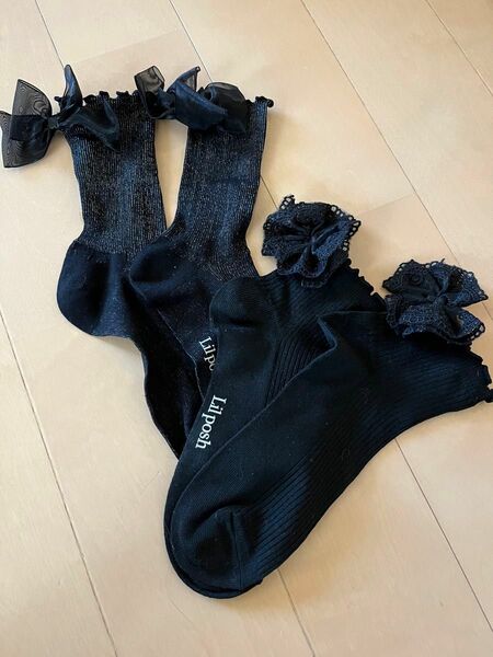 しまむら リボン付きデザイン靴下 ソックス 黒 ブラック 2点セット 未使用 地雷系